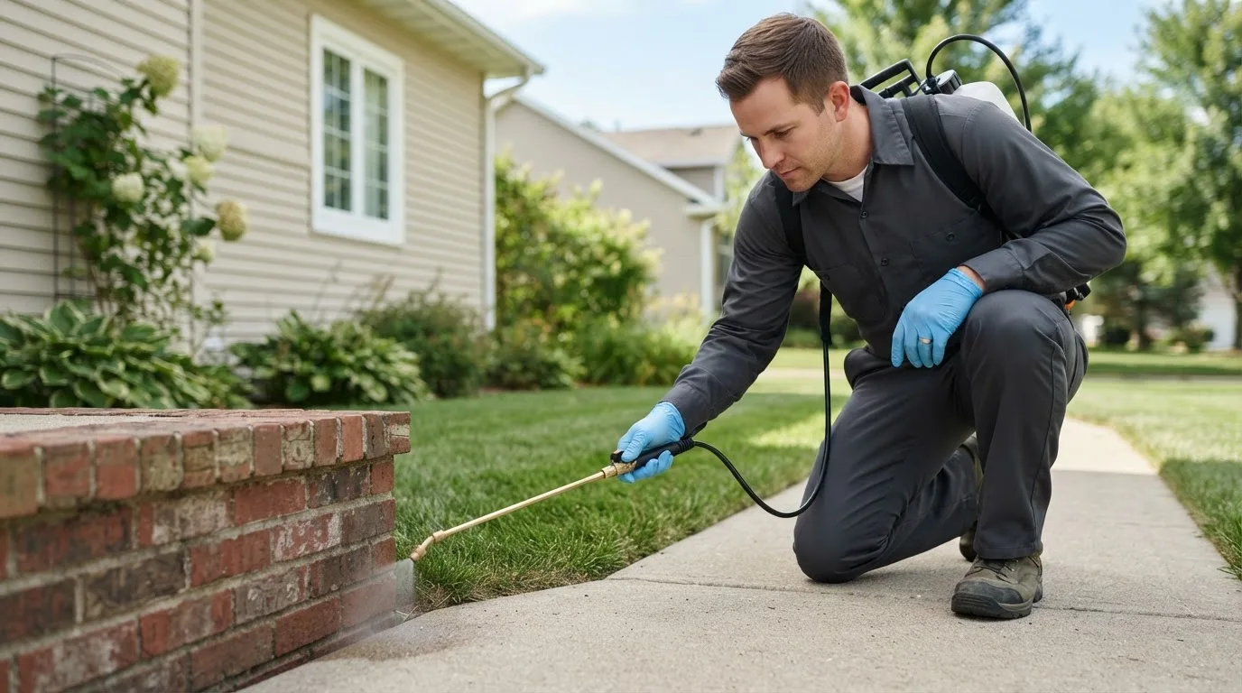 Pest control technician treating a home near Oxford, MA