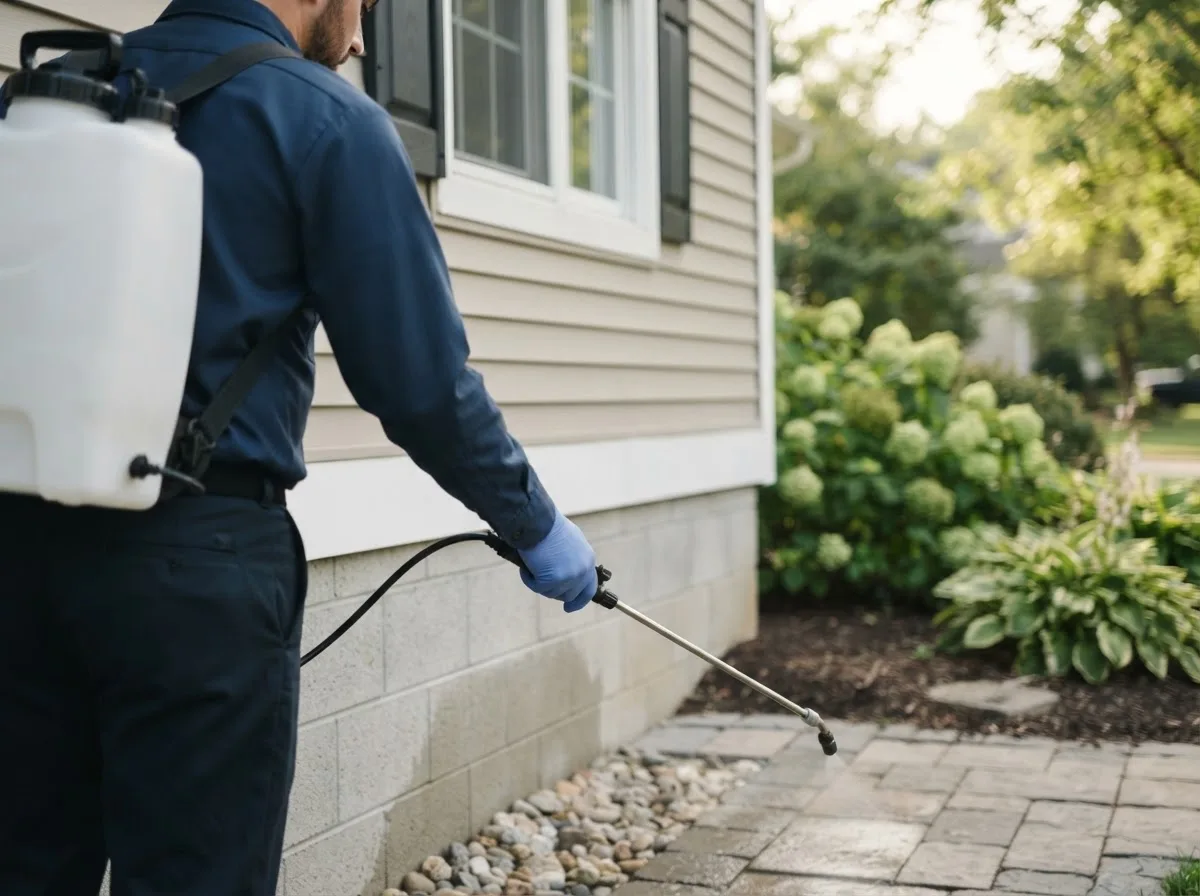 Pest control technician inspecting a home in Oxford, MA